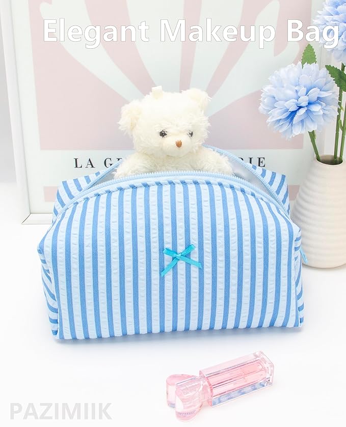 PAZIMIIK 2PCS Cozy Makeup Bag Small Aesthetic Travel Zipper Cosmetic Pouch for Women Make Up Beauty Accessories Brushes, Stripe Lake Blue