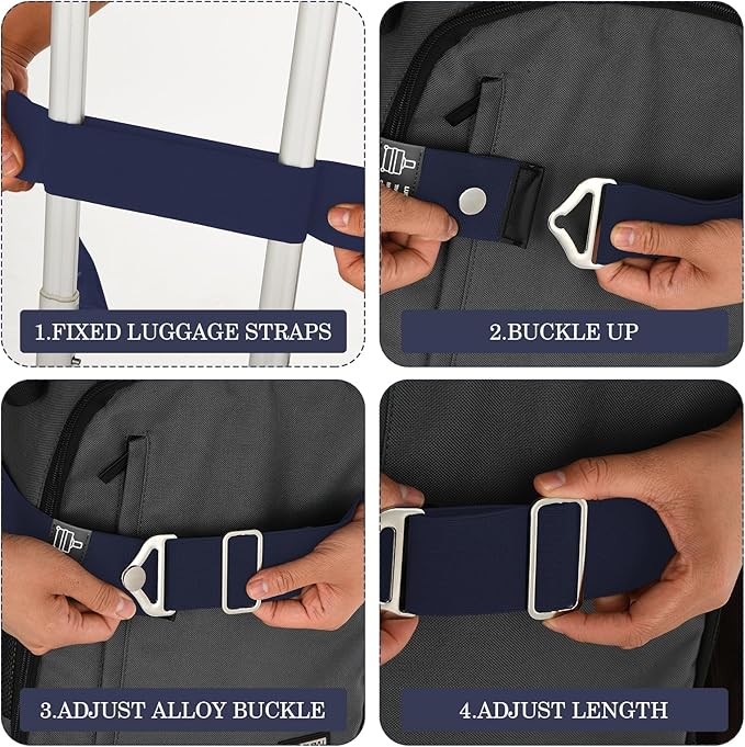 2-in-1 Travel Belt for Luggage Straps Over Handle for Add a Bag, Adjustable Travel Luggage Belt Strap with Alloy Buckle Elastic Belt for Carry On Bag, Suitcase Strap Travel Accessories(Navy Blue)