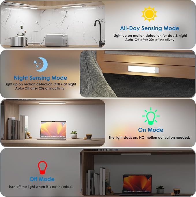 Motion Sensor Under Cabinet Lights, 2-Pack, Cool White, 8 inch | Magnetic, Rechargeable Under Counter Closet Light, Wireless Night Light Bar, 10% to 100% Dimming, USB Cable Included