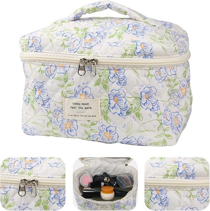 Cute Makeup Bag for Women(2 Pcs), Travel Cosmetic Bags, Quilted Coquette Aesthetic Floral Toiletry Organizer Bag (Blue Flower)