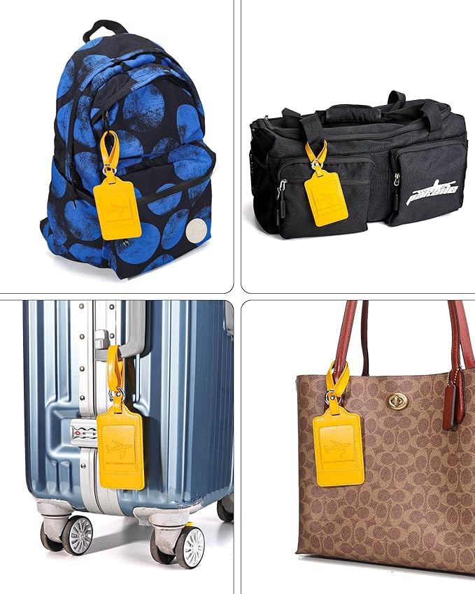 3 Pack Luggage Tags - Quick Install, Privacy Protection, Airplane Travel Essentials for Suitcases, Durable Leather - Yellow