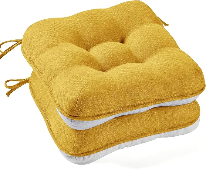 BETU Chair Cushions for Dining Chairs Set of 2,3.5" Thick Kitchen Table Chair Pads with Ties,Non Slip Backing and Covers, Seat Cushion for Dining Room,Bar,Patio Chairs,16"X16"X3.5",Yellow