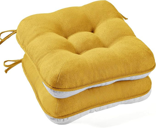 BETU Chair Cushions for Dining Chairs Set of 2,3.5" Thick Kitchen Table Chair Pads with Ties,Non Slip Backing and Covers, Seat Cushion for Dining Room,Bar,Patio Chairs,16"X16"X3.5",Yellow
