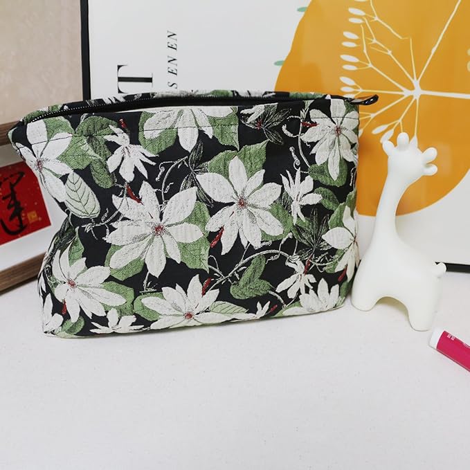 HAPPYHEIDI Large Black Embroidery Floral Makeup Bag Cosmetic Toiletries Travel Pouch, Canvas Lined, Purse Organizer, White Green Flowers