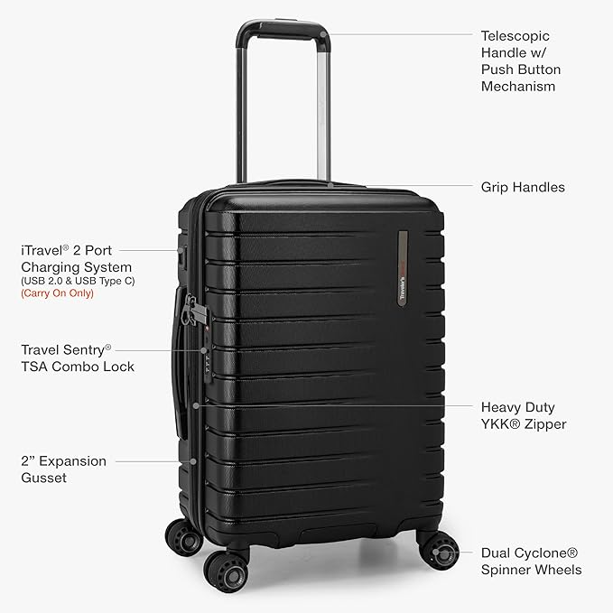 Traveler's Choice Archer Polycarbonate Hardside Spinner Luggage Set, Tie Down Straps, Black, Checked 25-Inch