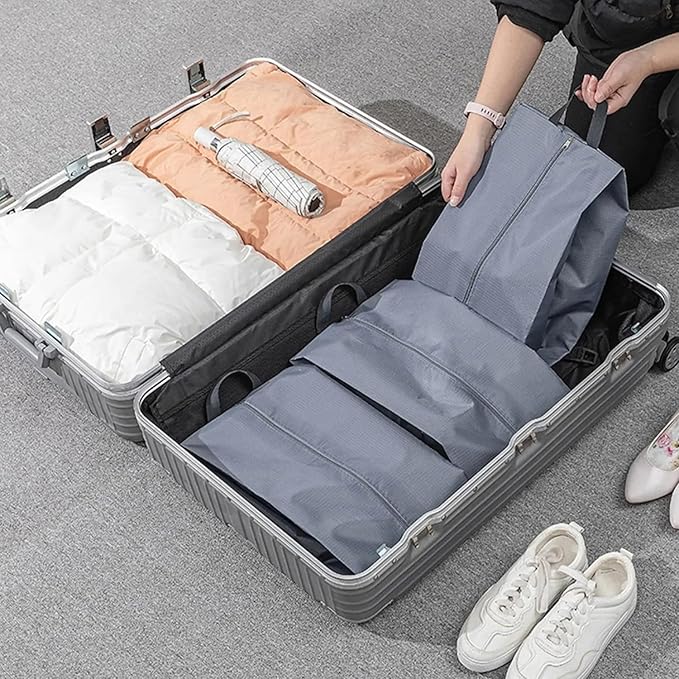5Pcs Large Travel Shoe Bags Portable Travel Gifts Shoe Organizer with Zipper Closure, Waterproof Nylon Shoe Storage Organizer with Handle Travel Bags For Men and Women, Grey