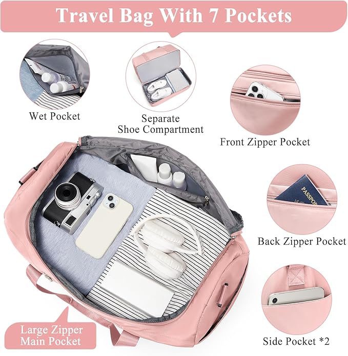 Extra Large Travel Duffle Bag,Carry-on Overnight Bag with Shoes Compartment,Weekender Bags for Women for Travel Business Trips Sport Hospital,3 Pcs Set,Pink