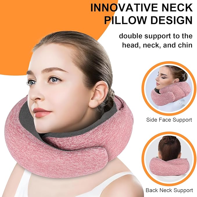 Travel Pillow - Hooded Neck Pillow Airplane Memory Foam Filling for Plane, Cars Sleeping, Road Trip, Long Flights, Portable Plane Accessories, Includes Eye Mask & Earplugs (Red)