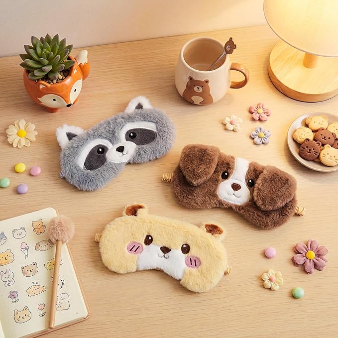 Geyoga Sleep Mask for Kids, Girls Plush Sleeping Eye Cover Soft Eye Blindfold Cover Animal Shade for Kids(Colorful,Dog, Hamster, Raccoon Style)
