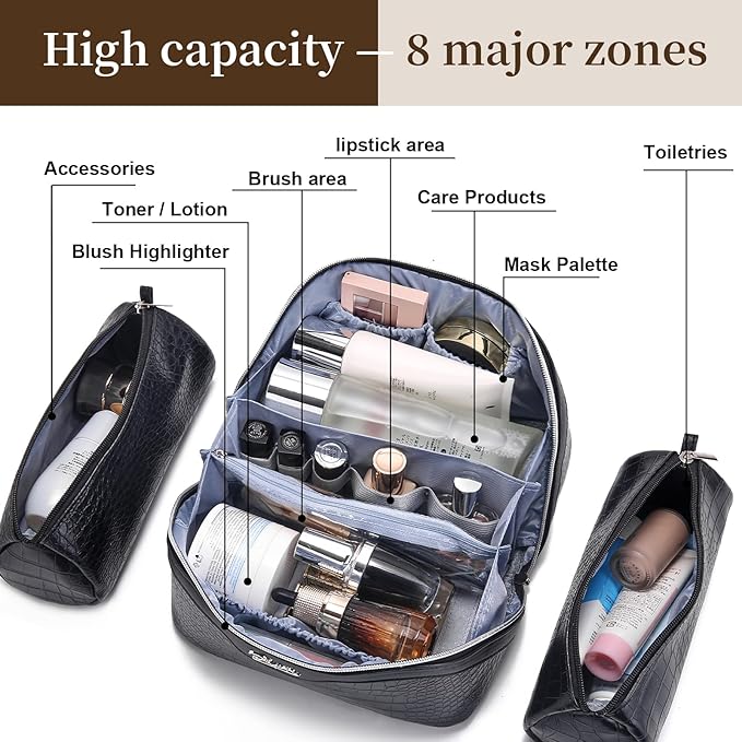 BOYATU Travel Makeup Bag Cosmetic Bags for Women: 3 Pcs Set Large Capacity Make up Bag with Handle - Crocodile Pattern Vegan Leather Toiletry Bags Travel Essentials with Compartments(E-1-Black)