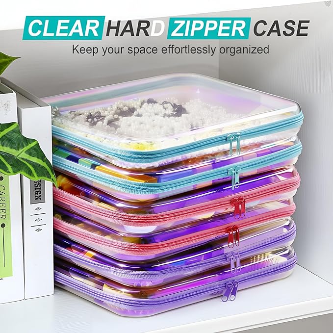 Sanwuta 6 Pcs Clear Hard Zipper Case Plastic Zipper Pouches Transparent Makeup Bag Pencil Case Pouches Toiletry Diaper Bag for Travel Toy Storage Organizer Bins(Holographic,13.78 x 11.81 x 2 Inch)