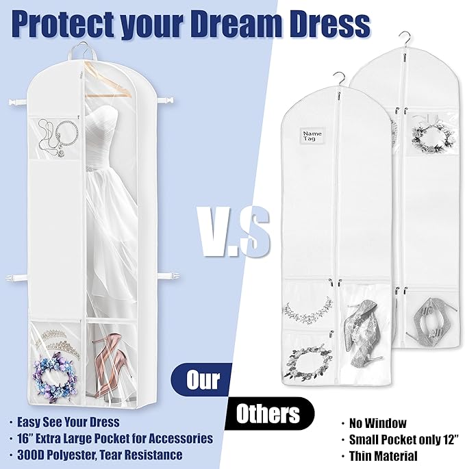 Simple Houseware 70-Inch Long, 8-Inch Gusseted Wedding Dress Garment Bag with Pockets, White