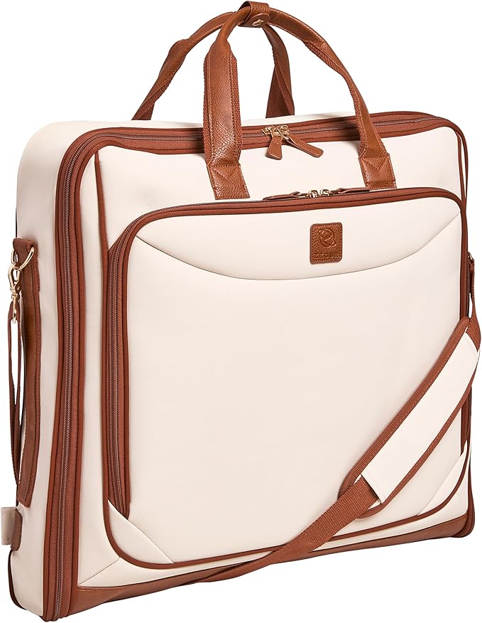 ZEGUR Premium Garment Bag Carry On for Women - Hangs Blazers, Pantsuits & More - Travel Bag with Shoulder Strap and Laptop Compartment (Beige with Saddle Brown Leather)