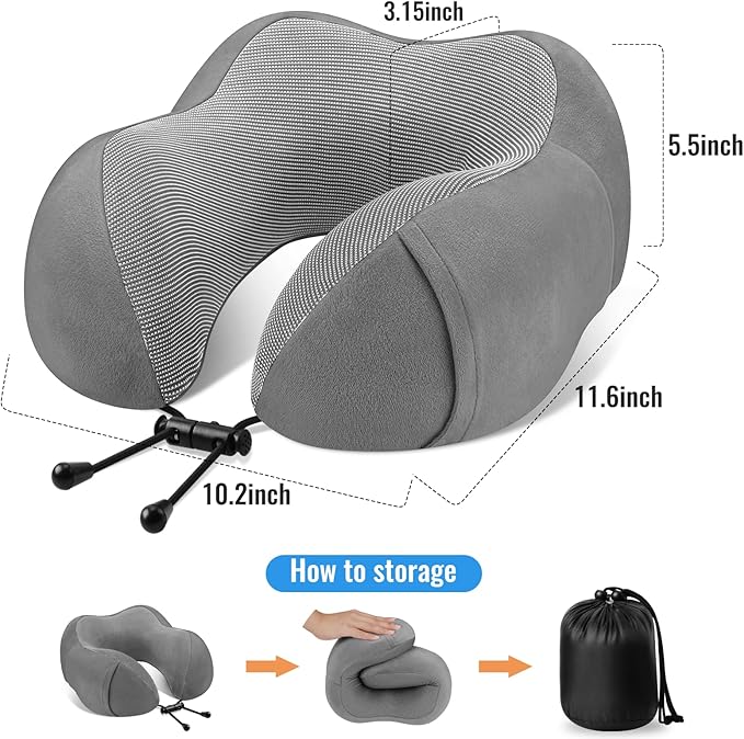 CloudBliss Travel Pillow Premium Memory Foam, Comfortable & Supportive Neck Pillow, Neck Pillows for Sleeping Travel, Airplane Pillow for Sleeping Airplane, Car, Office and Home（Black & Dark Grey）