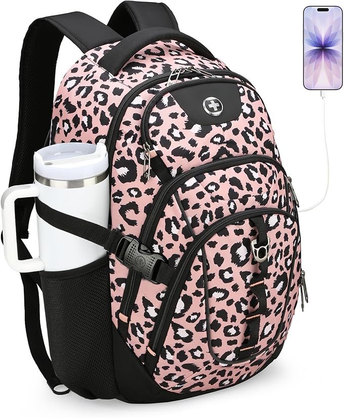 Swissdigital Laptop Backpack with USB Charging Port, Travel Backpack Fits 15.6 inches Computer, 31L Backpack for Women, Pink Leopard | SD803-102