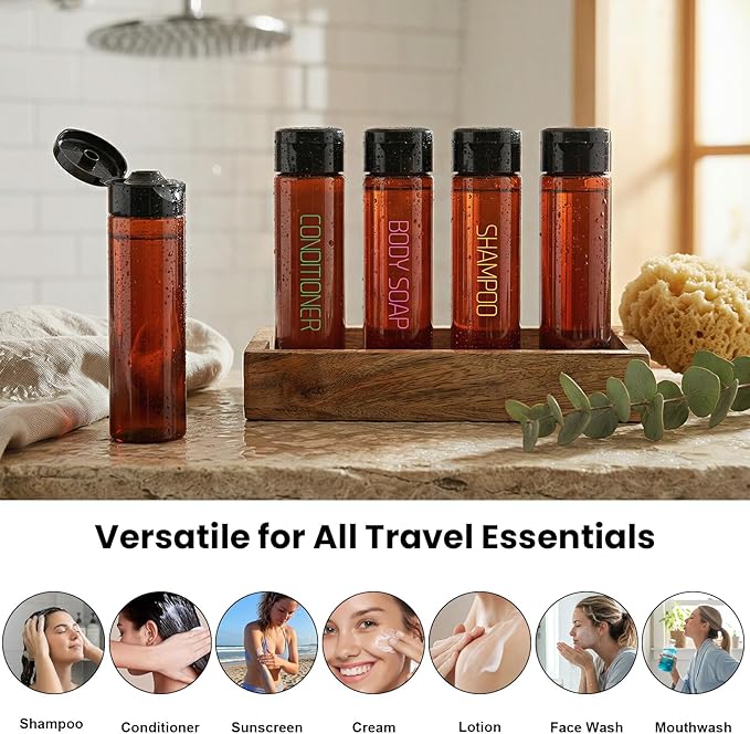 Cosywell 5 Pack 3.4oz Travel Bottles for Toiletries Pre-Printed Travel Shampoo Bottles TSA Approved Toiletry Wide Mouth Leak Proof Squeeze Bottle for Lotion Toothpaste Cream(Brown)