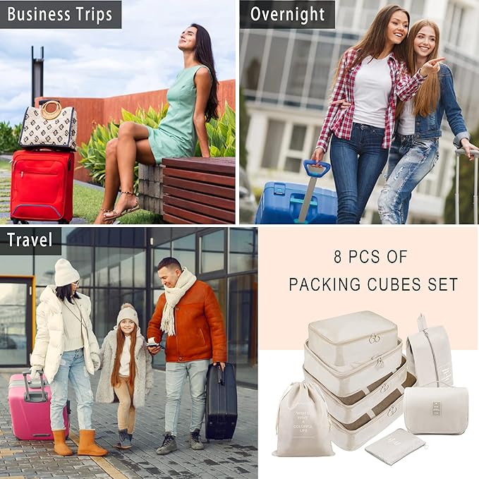 Packing Cubes, 8 Pcs Travel Packing Organizers for Suitcases, Large Capacity Travel Luggage Organizers Set includes 8 Storage Bags (Beige)