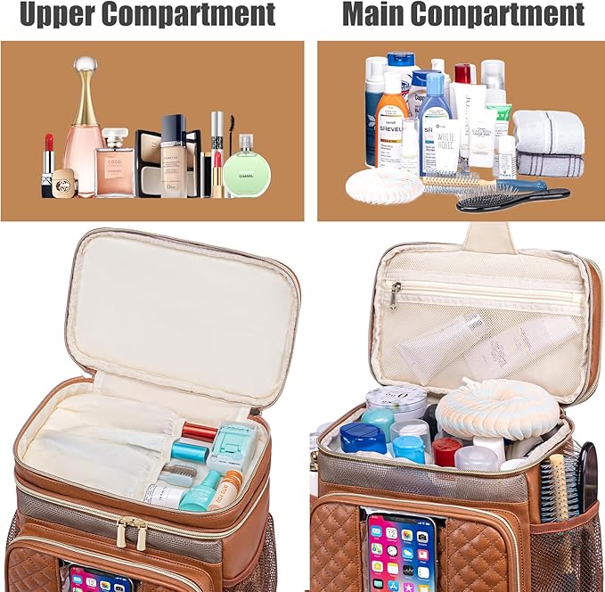 Large Leather Toiletry Bag for Women Men,Bathroom Bag,Water Resistant Shower Bag,Makeup Bag,Portable Shower Caddy for College Dorm,Hanging Travel Toiletry Bag with Transparent Waterproof Phone Pocket