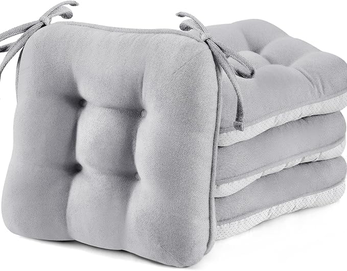 BETU Chair Cushions for Dining Chairs Set of 4,3.5" Thick Kitchen Table Chair Pads with Ties,Non Slip Backing and Covers, Seat Cushion for Dining Room,Bar,Patio Chairs,16"X16"X3.5",Light Grey