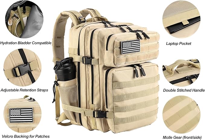 LHI Military Tactical Backpack for Men and Women 45L Army 3 Days Assault Pack Bag Large Rucksack with Molle System - Cream