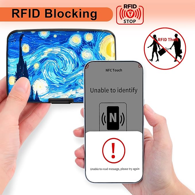 Mayski Credit Card Holder, RFID Blocking, Aluminum Alloy Hard Case, Small Mini Business Metal Wallet for Women Men, The Starry Night