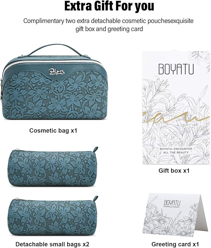 BOYATU Travel Makeup Bag Cosmetic Bags for Women: Large Capacity 3 Pcs Set Make up Bag with Compartments - Waterproof Vegan Leather Toiletry Organizer Bags with Handle (Z-63Blue)