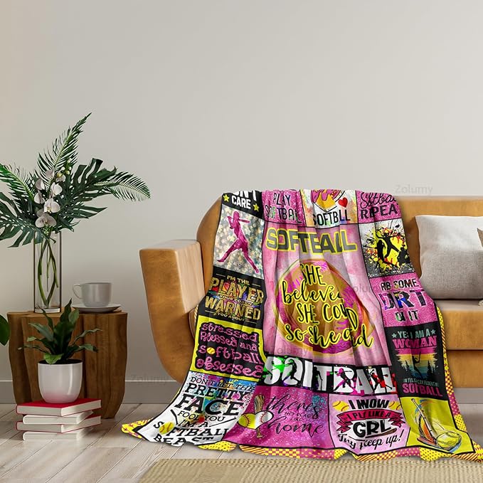 Softball Blanket 60X50in, Best Softball Gifts/Accesories for Girls/Woman/Team, Girls Softball Lover/Player Presents for Sister/Daughter/Granddaughter/Niece