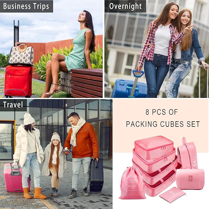 Packing Cubes, 8 Pcs Travel Packing Organizers for Suitcases, Large Capacity Travel Luggage Organizers Set includes 8 Storage Bags for Women or Men (Pink)