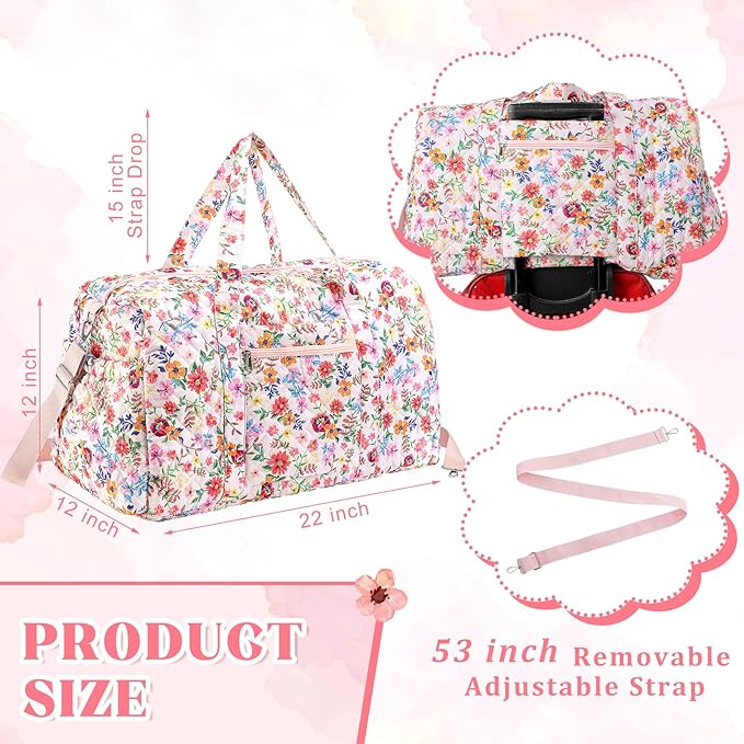 Large Quilted Travel Duffle Bag for Women Floral Portable Gym Weekender Bag with Zipper Pockets Workout Grocery Pouch Duffle Gift Pouch for Work(Pink Floral)