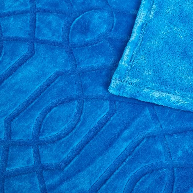 Soft Cozy Fleece Queen Size Blanket, 90x90 Inches – Lightweight Plush Blanket for Bed, Fuzzy 3D Jacquard Design - Royal Blue