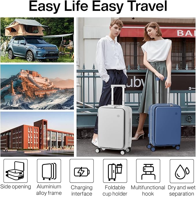 mixi Large Checked Luggage with Cup Phone Holder and Charger Hard Shell Suitcases with Spinner Wheels, 24 Inch Sapphire Blue
