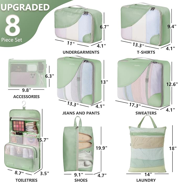 8 Set Packing Cubes for Travel, Gifts for Women Mom,Anti-Tearing Suitcase Organizer for Luggage with Shoe & Hanging Toiletry Bag,OlarHike Vacation Essentials & Accessories for Cruise Ship