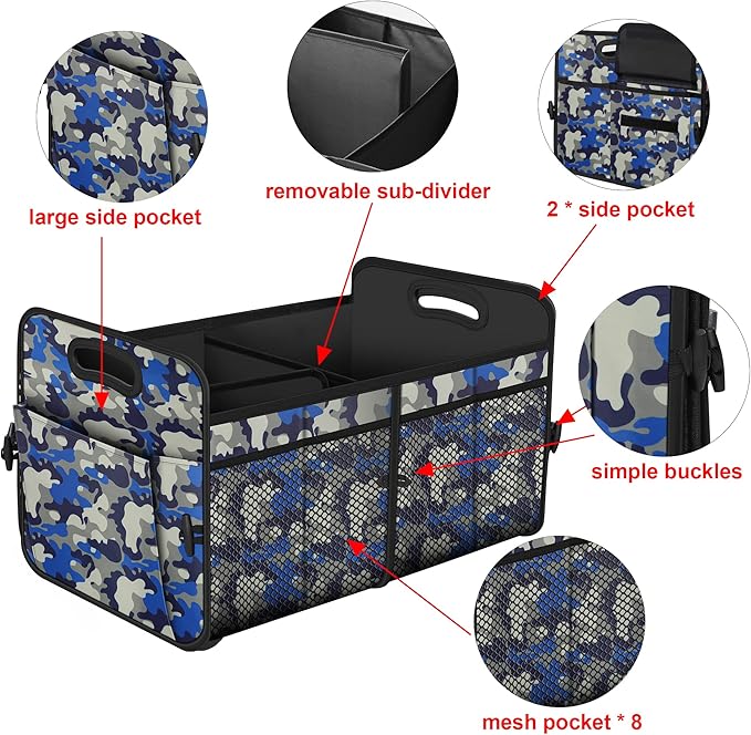 Femuar Car Trunk Organizer with 72L Large Capacity Waterproof Collapsible and 11 Pockets, Trunk Organizer for Car SUV/Jeep/Sedan, Large Size, Blue Camouflage