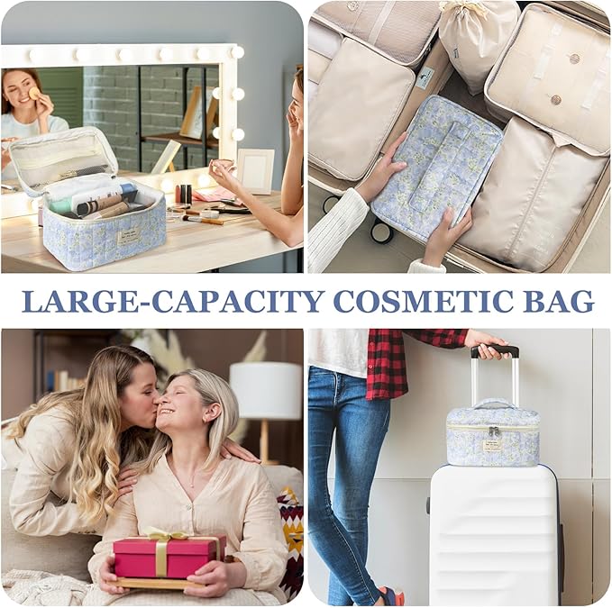 1pc Large Makeup Bag, Cute Cosmetic Bag for Women Girls, Floral Coquette Aesthetic Toiletry Bag, Travel Make Up Organizer Bag (Green Leaves Blue Flowers)