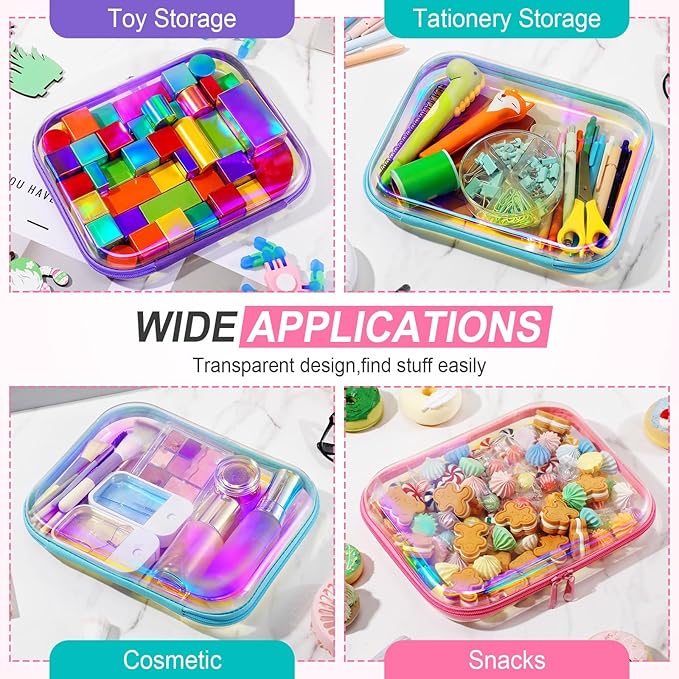Sanwuta 6 Pcs Clear Hard Zipper Case Plastic Zipper Pouches Transparent Makeup Bag Pencil Case Pouches Toiletry Diaper Bag for Travel Toy Storage Organizer Bins(Holographic,9.84 x 7.87 x 2 Inch)