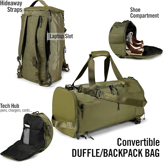 True Religion Convertible Duffel Bag for Travel - Large Gym Backpack for Men and Women, Carry On Weekender Luggage with 16" Laptop Sleeve, Clothes and Shoe Compartment, Overnight Day Carry-On Bookbag