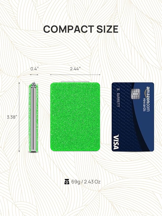 OMIRO Compact Mirror, Glitter PU Leather 1X/3X Magnification, Ultra Portable for Purses, 2.4" W x 3.4" L (Green)