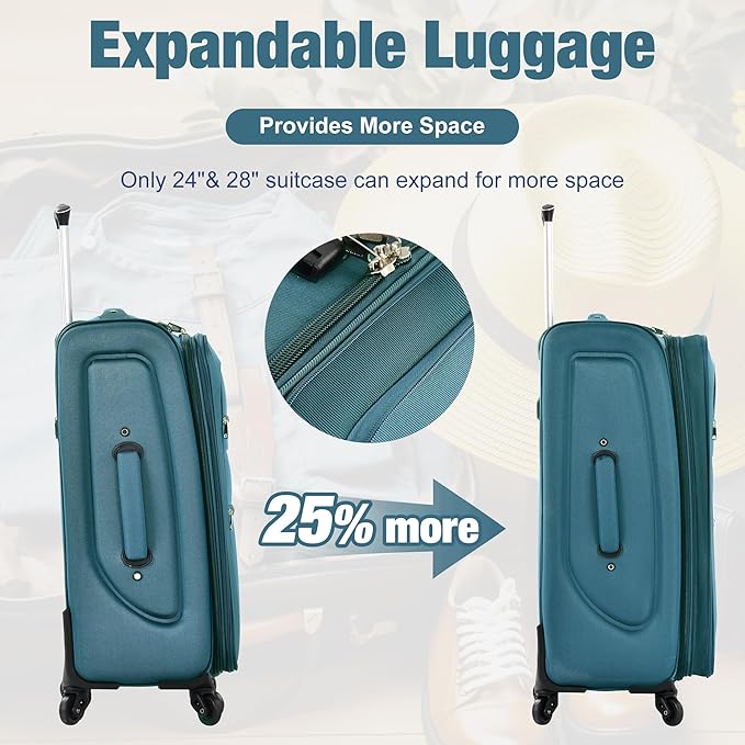 Softside Luggage 3-Piece Set with Duffel Bag, Lightweight Suitcases with Spinner Wheels, TSA Lock & Expandable for Travel, Business Trips, Durable Softshell Travel Luggage Set (Green)