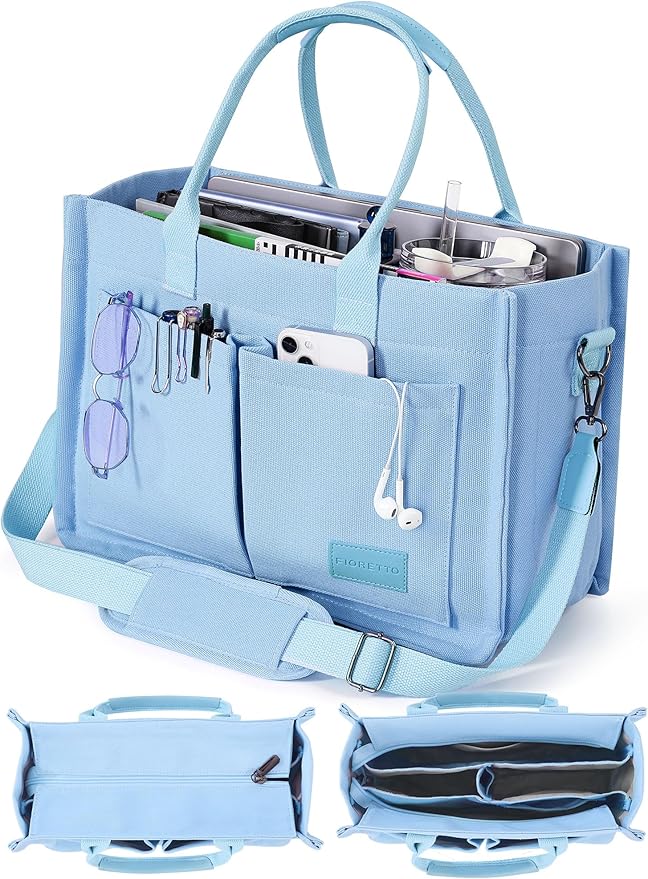FIORETTO Canvas Tote Bag for Women with Zipper Closure & Individual Compartments for Work College for Teacher & Nurse