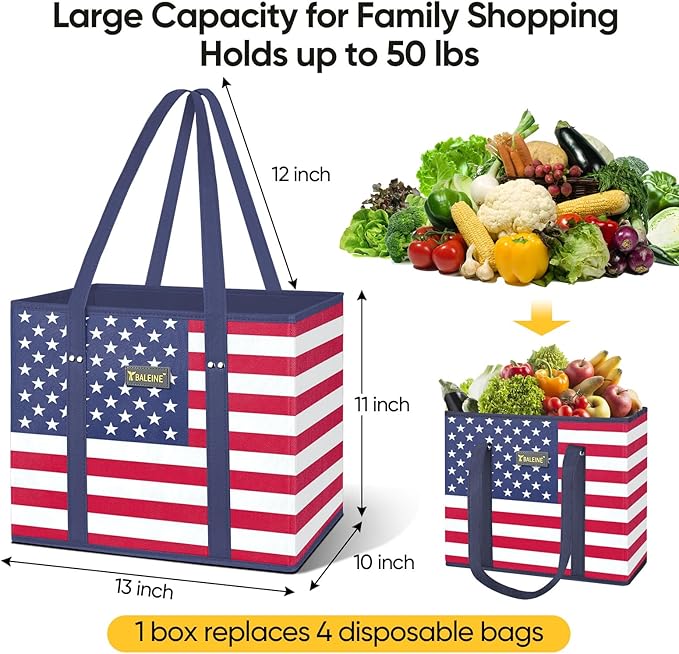 BALEINE 1Pk Reusable Grocery Bags, Foldable Shopping Bags for Groceries with Reinforced Bottom & Handles (Patriot Celebration)
