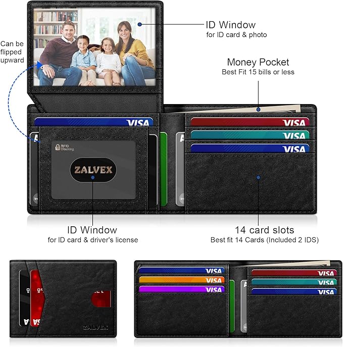 Wallet for Men Slim RFID Blocking Leather Credit Card Holder Wallet for 14 Cards, Bifold Minimalist Thin Wallet with 2 ID Windows & Cash Slot, Front Pockt Carteras Para Hombres, Birthday Gifts for Men