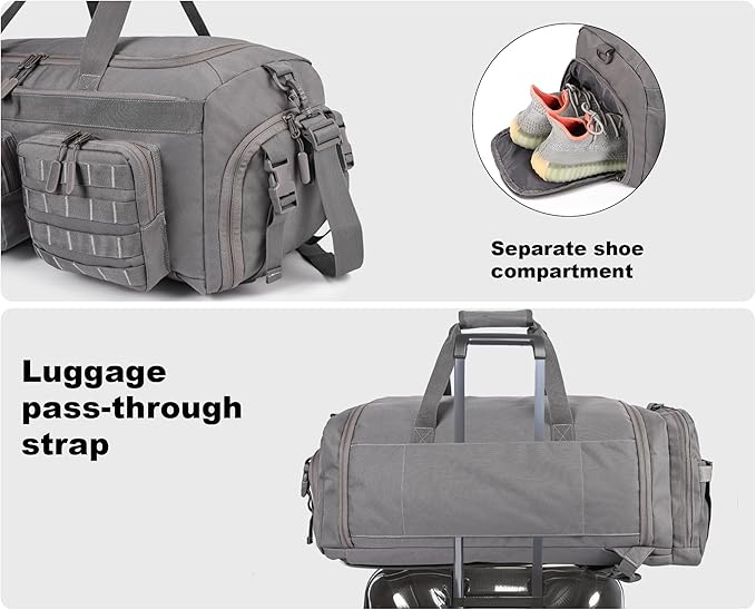 LHI 50L Tactical Duffle Bag for Men, 3-in-1 Gym Duffle and Backpack, Shoe Compartment, Laptop Sleeve and MOLLE, Carry-On Travel Weekender and Overnight Bag – Gray
