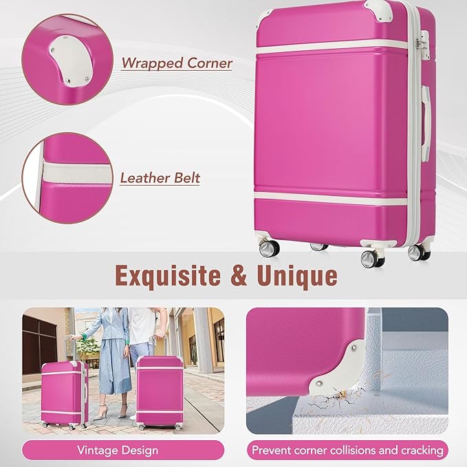 Merax Luggage Set 2 Piece Suitcase Set with Cosmetic Case Expandable Spinner Wheels Vintage Luggage Sets(Pink, 20"+24")