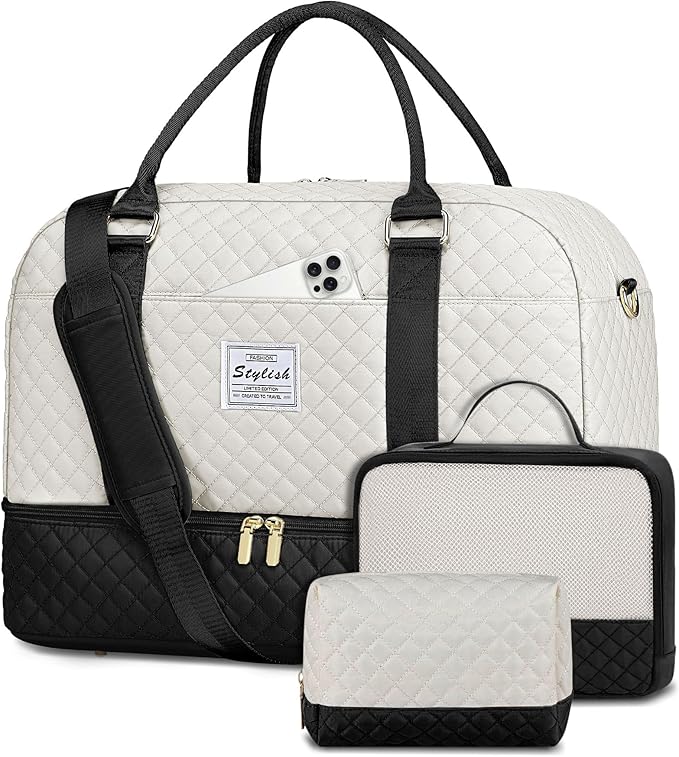 Weekender Travel Duffle Bag for Women: Overnight Bags with Shoe Compartment Carry on duffel Bag for Airplanes with 2 PCS Toiletry Weekend Yoga Gym Hospital Bag with Wet Pocket Black Beige