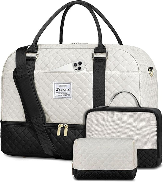 Weekender Travel Duffle Bag for Women: Overnight Bags with Shoe Compartment Carry on duffel Bag for Airplanes with 2 PCS Toiletry Weekend Yoga Gym Hospital Bag with Wet Pocket Black Beige