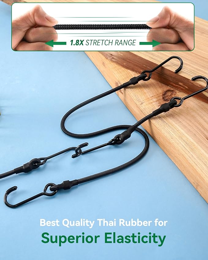 180 Lbs Real Heavy Duty Bungee Cords with Rust Resistant Steel Hooks, 6 Pcs 18 Inch Black Bungee Straps with 1.8X Stretch & UV Protection, Perfect for Camping, Tarps, Tent, Bike, Luggage