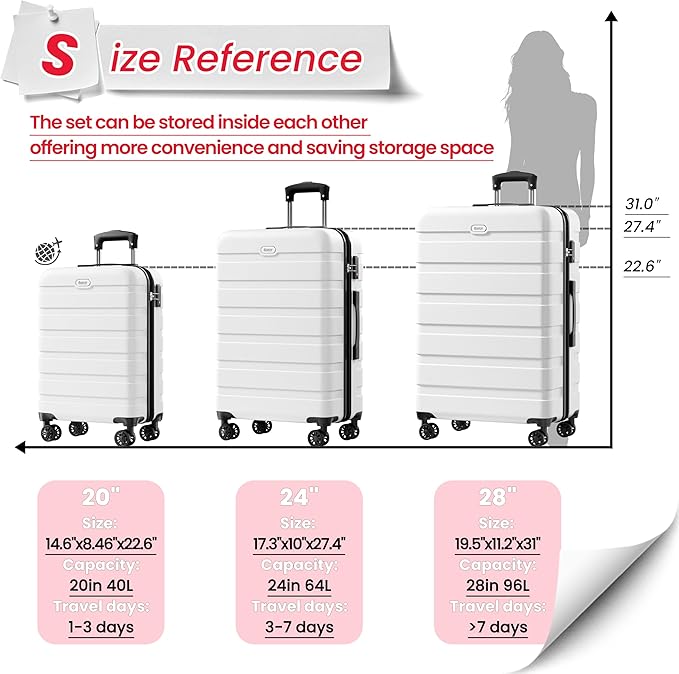 AnyZip Luggage Sets 3 Piece Hardshell Suitcase Set PC ABS Lightweight Travel Suitcases with 4 Double Spinner Wheels TSA Lock 20 24 28 Inch White