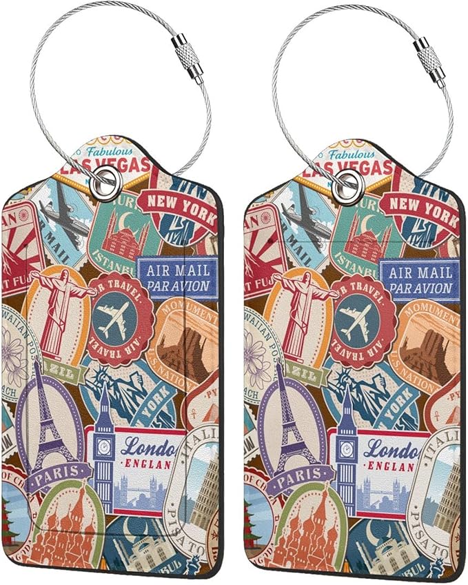Travel Stamp 2 Pack Luggage Tags Travel PU Cute Leather Luggage Tag Name ID Labels with Privacy Cover Suitcases Women Men Girls Boys Fun Laggage Tags