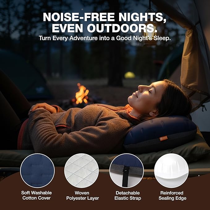 Inflatable Camping Pillow - Ultralight Compact Air Pillow for Travel, Backpacking & Hiking - Ergonomic Neck & Lumbar Support - Portable Inflatable Pillow with Removable Washable Cover - (Navy Blue)