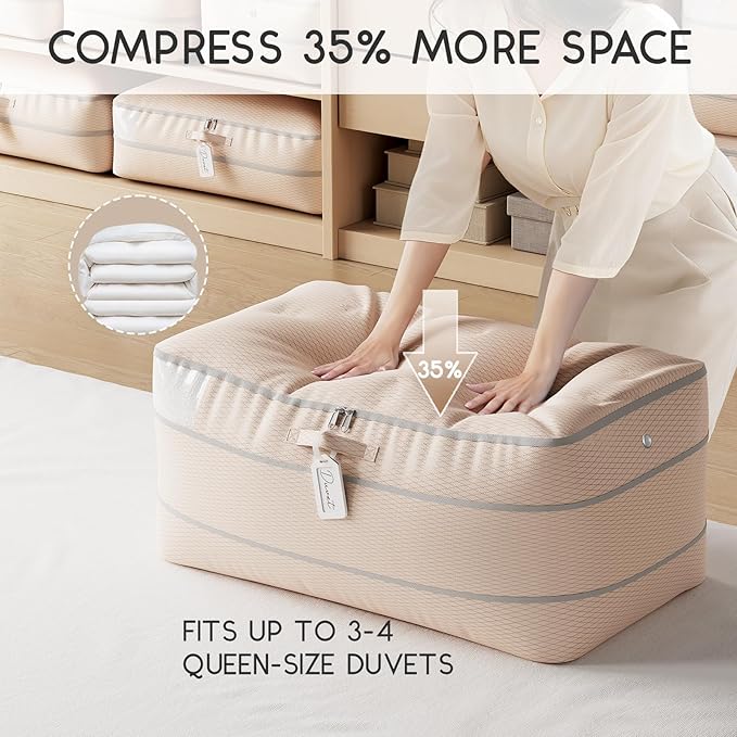 Compression Storage Bags for Comforters - 4 Pack Long Large 100L Compression Bags, 3-Layer Washable Ultra Space Saving Self Comforter Storage Bag for Blankets, Sheets, Clothes, Beige